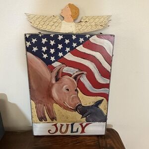 Vintage Nancy Thomas July Pig Flag Patriotic Angel Folk Art Metal Wall Plaque